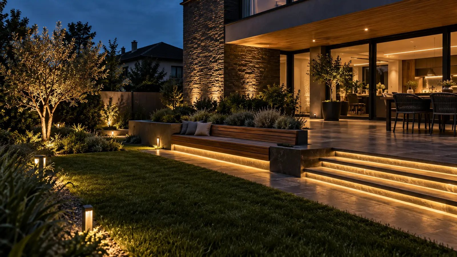 Terasă și grădină iluminate seara, cu bandă LED încastrată în trepte și spoturi de bordură în vegetație