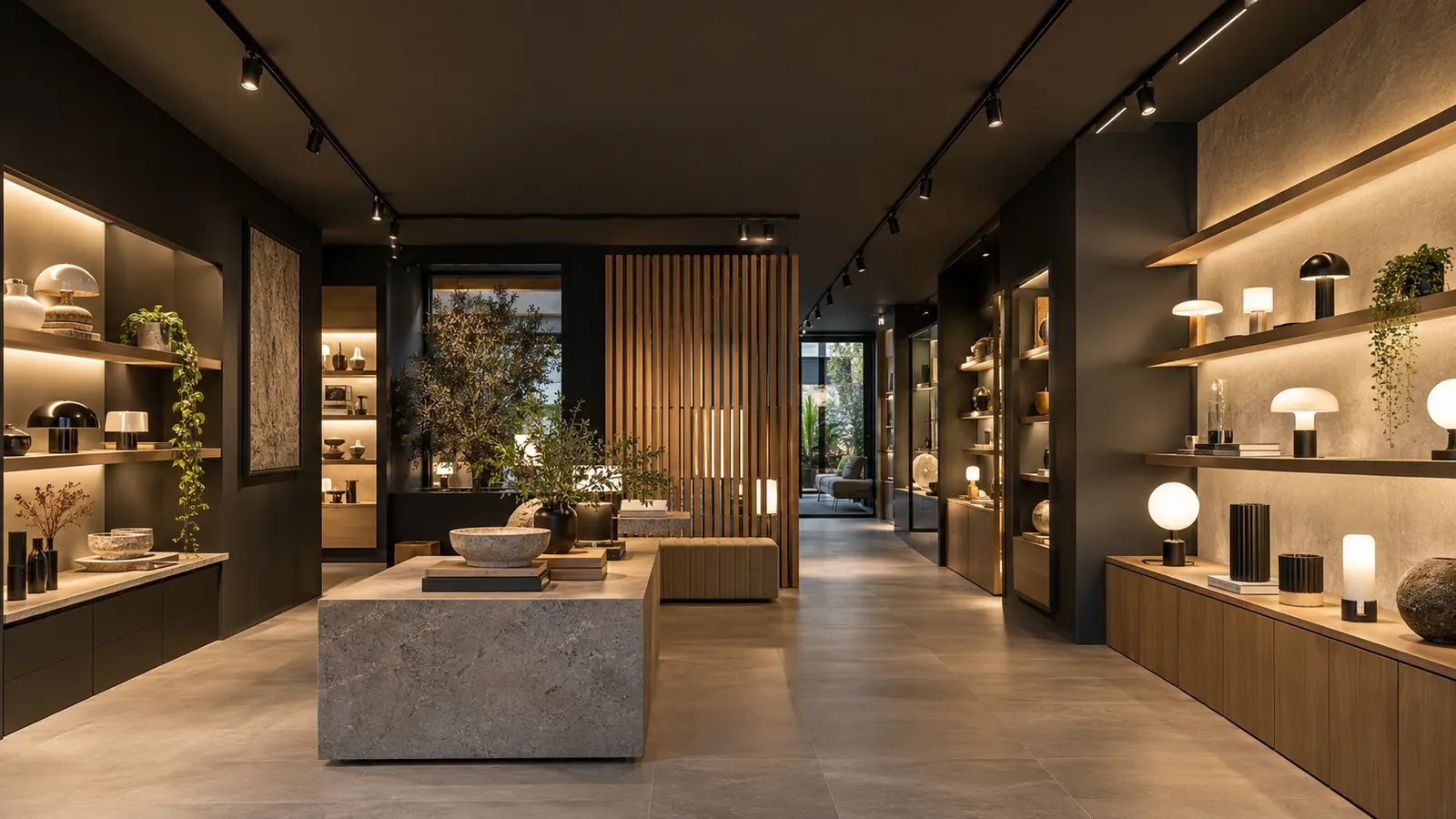 Showroom de iluminat cu proiectoare pe șină magnetică pe tavan și bandă LED sub rafturi