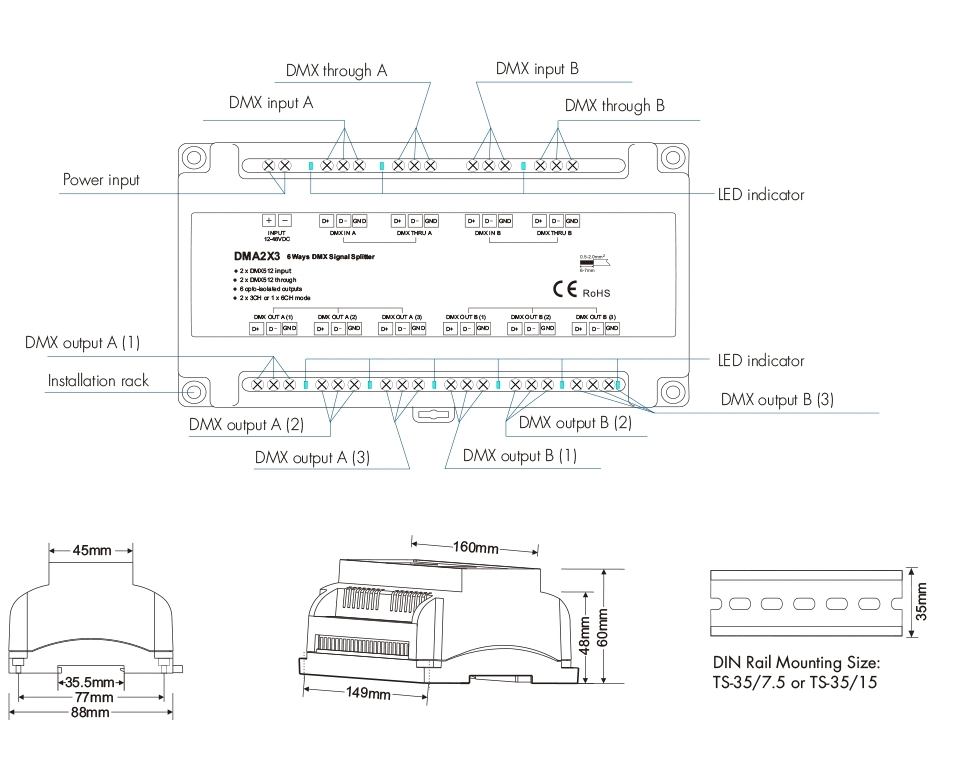 Amplificator LED DMX512 • 12-48V • 1 canal - DMA2X3 [2]