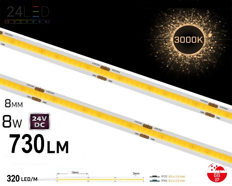 Banda LED COB 320 LED/m 24V 3000K IP66 - rolă pe fundal alb [2]