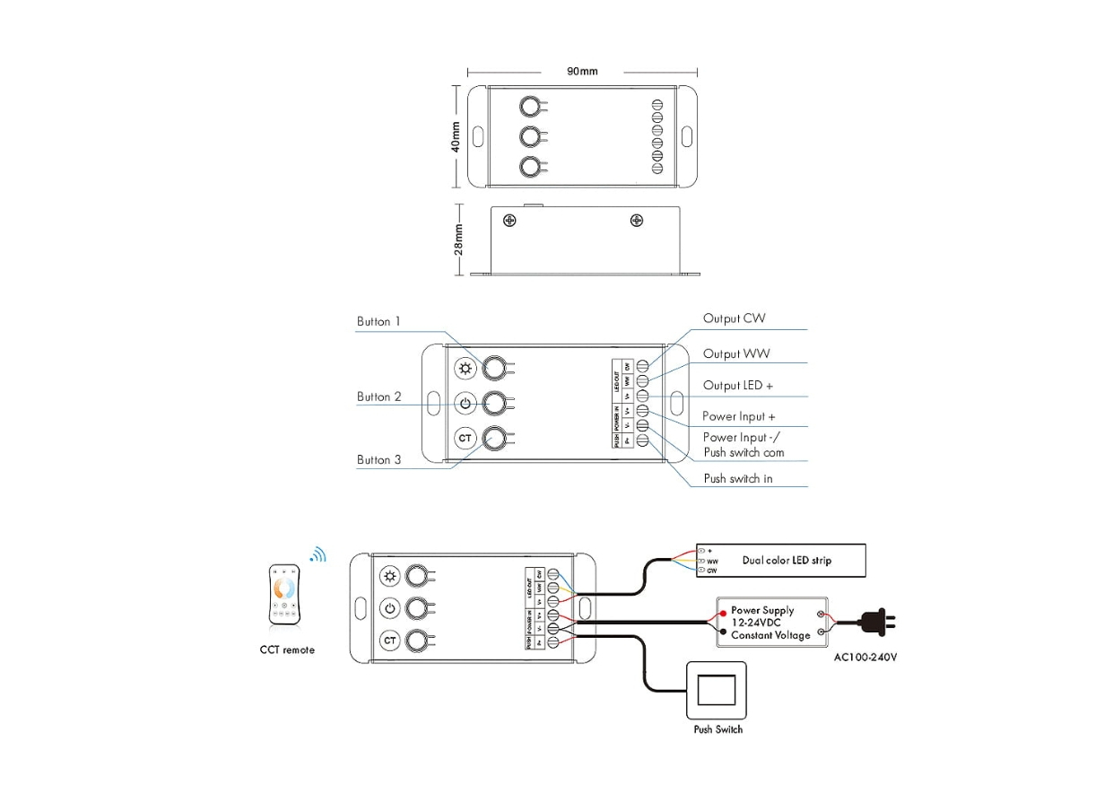 Controler LED CCT (alb reglabil) • 12-24V • 2×10A - V2-C [2]
