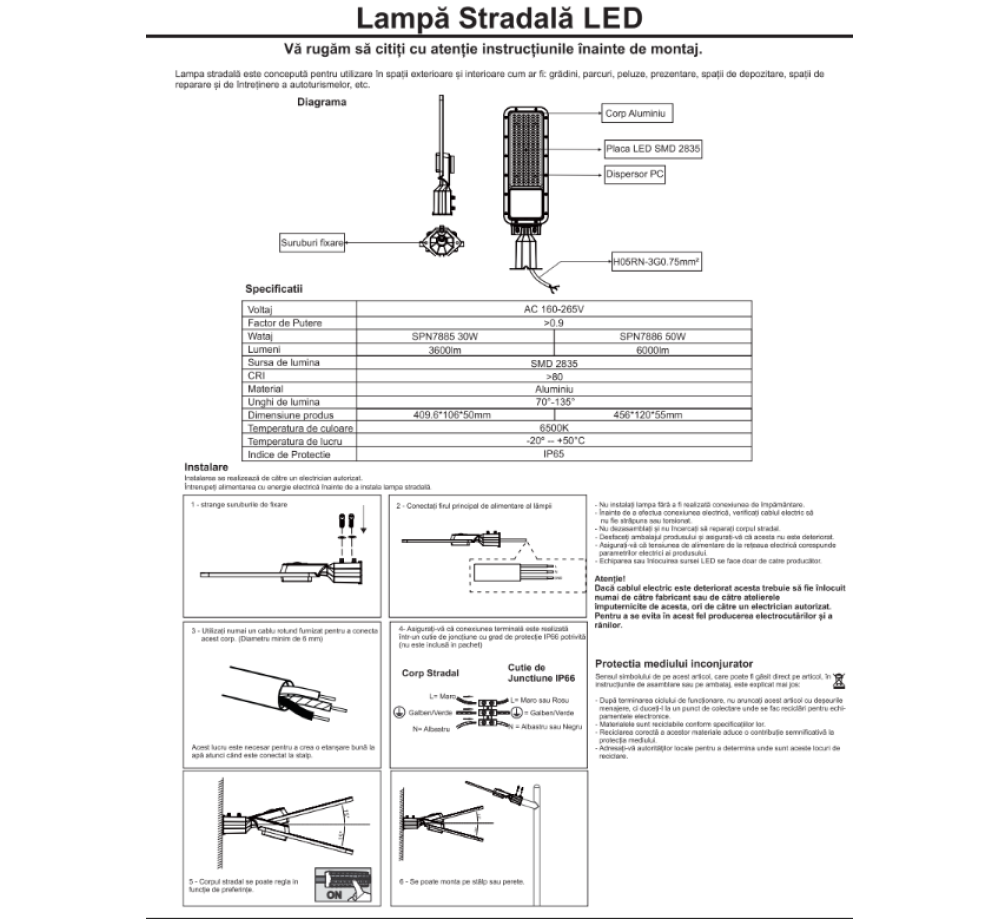 Corp de iluminat stradal LED 50W • 6500K • 6000lm • 140° • Ra80 • IP65 • 456×120×60 mm [6]