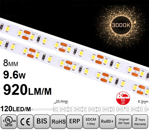 Bandă LED - Banda LED 120 LED/m 12V 3000K IP66 - rolă pe fundal alb