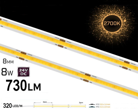 Bandă LED COB - Banda LED COB 320 LED/m 24V 2700K IP20 - rolă pe fundal alb