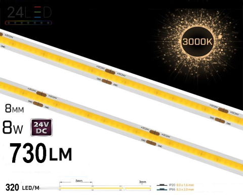 Bandă LED - Banda LED COB 320 LED/m 24V 3000K IP20 - rolă pe fundal alb
