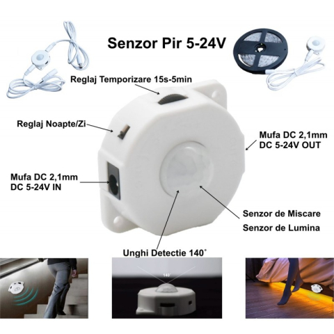 Controlere și dimmere - Senzor Pir de Miscare, 5-24V cu Reglaj - accesoriu bandă LED