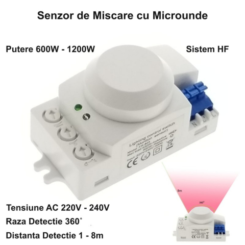 Controlere și dimmere - Senzor de Mișcare cu Microunde 360˚ - 1200W - accesoriu bandă LED