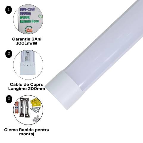 Corpuri liniare - Corp liniar LED 40W • 6400K • 4000lm • Ra80 • IP20 • 80×30×1200 mm - plastic