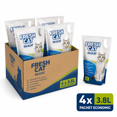 Silicat - Nisip Silicat pentru Pisici FreshCat 3.8L - Pachet Economic 4 Bucati cu Absorbtie Rapida si Controlul Mirosului