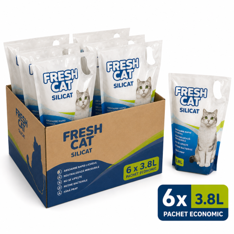 Silicat - Nisip Silicat pentru Pisici FreshCat 3.8L - Pachet Economic 6 Bucati cu Absorbtie Rapida si Controlul Mirosului