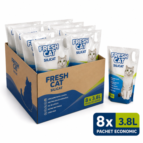 Silicat - Pachet Economic FreshCat Silicat 3.8L Bax 8 Pungi - Nisip pentru Pisici cu Absorbtie Rapida si Control Eficient al Mirosului