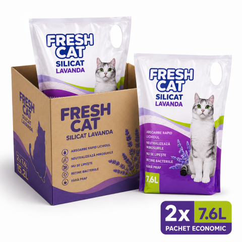 Silicat - Nisip Silicat pentru Pisici FreshCat Lavanda 7.6L - Pachet 2 Bucati cu Absorbtie Rapida si Controlul Mirosului