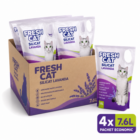 Silicat - Nisip Silicat pentru Pisici FreshCat Lavanda 7.6L - Pachet Economic 4 Bucati cu Control Eficient al Mirosului