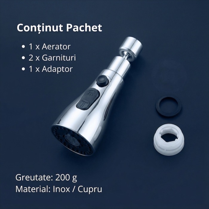 Aerator Pentru Robinet Chiuveta SUPER TRENDS®, Aerator Pentru Robinet Chiuveta Cu 3 Moduri Pulverizare Si Rotatie 360 Grade, Aerator Pentru Robinet Chiuveta Argintiu Cu Instalare Rapida, Economisire A [8]