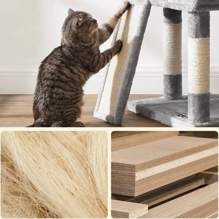 Ansamblu de Joaca Pentru Pisici SUPER TRENDS ®, Cat Tree, Inaltime 115 cm, 2 Culcusuri, Casuta si Stalpi cu Sisal, Gri [8]