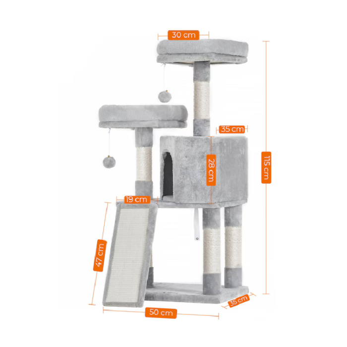 Ansamblu de Joaca Pentru Pisici SUPER TRENDS ®, Cat Tree, Inaltime 115 cm, 2 Culcusuri, Casuta si Stalpi cu Sisal, Gri [3]