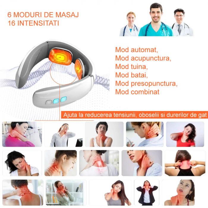 Aparat de Masaj Pentru Gat Premium SUPER TRENDS®, 6 Moduri de Masaj, Incarcabil, Portabil, USB, Alb [5]