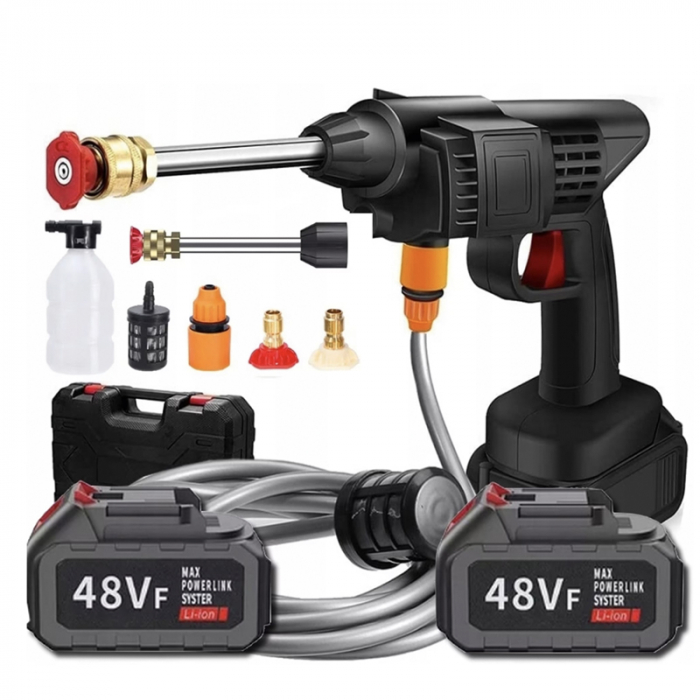 Aparat de Spalat cu Presiune, Fara Fir, Tip Pistol SUPER TRENDS®, Profesional, 2 Acumulatori 48VF, Autonomie 3 Ore, Pistol cu 3 Moduri, 30 Bari, Filtru si Duze Incluse, Recipient Spuma, Negru [1]