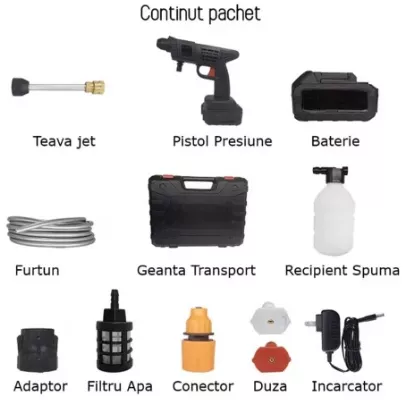Aparat de Spalat cu Presiune, Fara Fir, Tip Pistol SUPER TRENDS®, Profesional, 2 Acumulatori 48VF, Autonomie 3 Ore, Pistol cu 3 Moduri, 30 Bari, Filtru si Duze Incluse, Recipient Spuma, Negru [4]