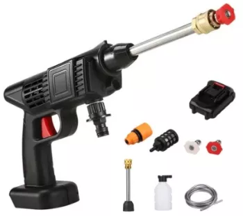 Aparat de Spalat cu Presiune, Fara Fir, Tip Pistol SUPER TRENDS®, Profesional, 2 Acumulatori 48VF, Autonomie 3 Ore, Pistol cu 3 Moduri, 30 Bari, Filtru si Duze Incluse, Recipient Spuma, Negru [5]
