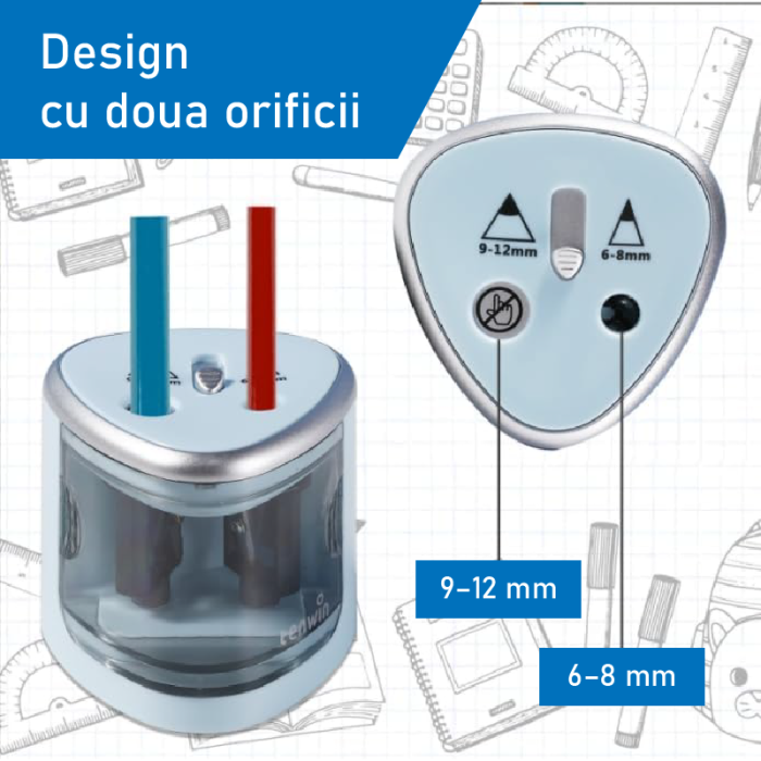 Ascutitoare Electrica Pentru Creioane SUPER TRENDS®, cu Doua Orificii de 6–8 mm si 9–12 mm, Oprire Automata, Albastru [4]