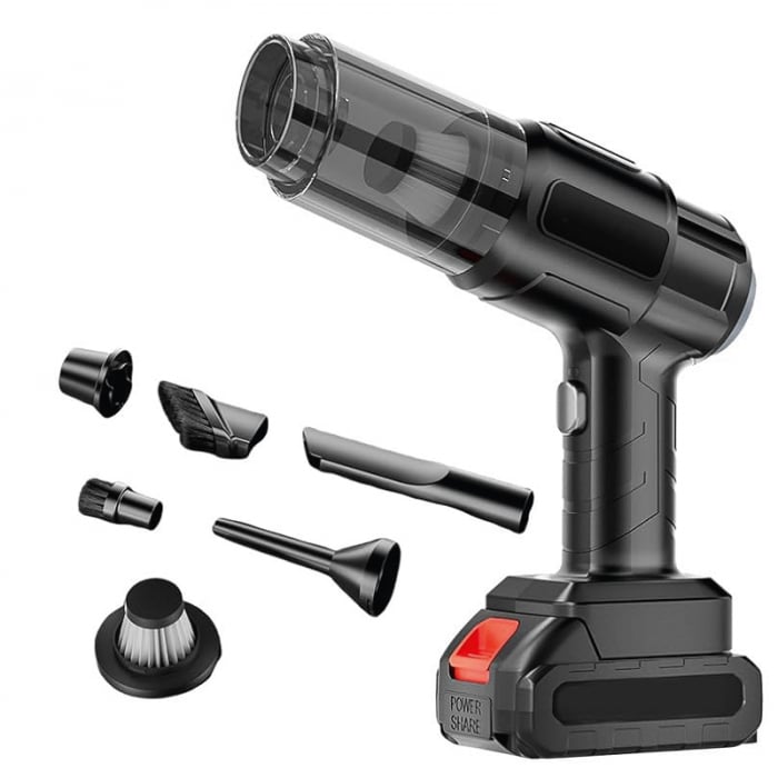 Aspirator de Mana Profesional SUPER TRENDS®, cu Acumulator, Puternic si Usor, Putere 150W, Acumulator 18.5V 1.3Ah, 6 Accesorii, Aspirare Uscata, Suflare, Vacuum pentru Casa si Masina, Negru [1]