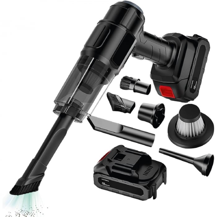 Aspirator de Mana Profesional SUPER TRENDS®, cu Acumulator, Puternic si Usor, Putere 150W, Acumulator 18.5V 1.3Ah, 6 Accesorii, Aspirare Uscata, Suflare, Vacuum pentru Casa si Masina, Negru [2]
