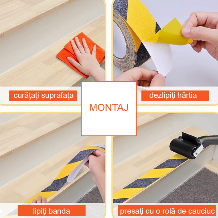 Banda Antiderapanta Premium SUPER TRENDS®, pentru Scari si Trepte de Exterior si Interior, Autoadeziva, cu Aplicare pe Gresie, Ciment, Parchet, Metal si Lemn, Rezistenta la Apa, 5 cm x 5 m, Galben-Neg [7]