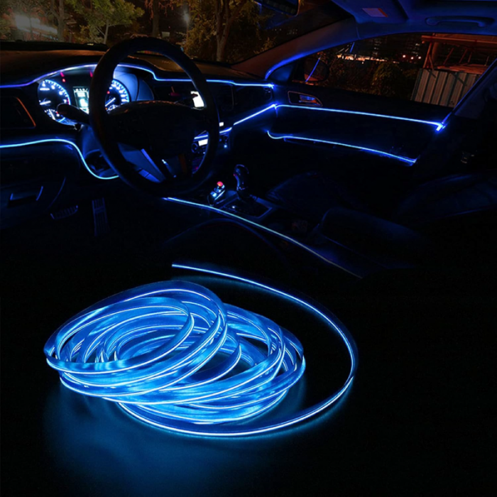 Banda LED Premium SUPER TRENDS®, cu Lumina Ambientala Pentru Autoturism Usi sau Bord, Cablu si Mufa Pentru Bricheta Auto 12 V, Lungime 5 M, Albastra [10]