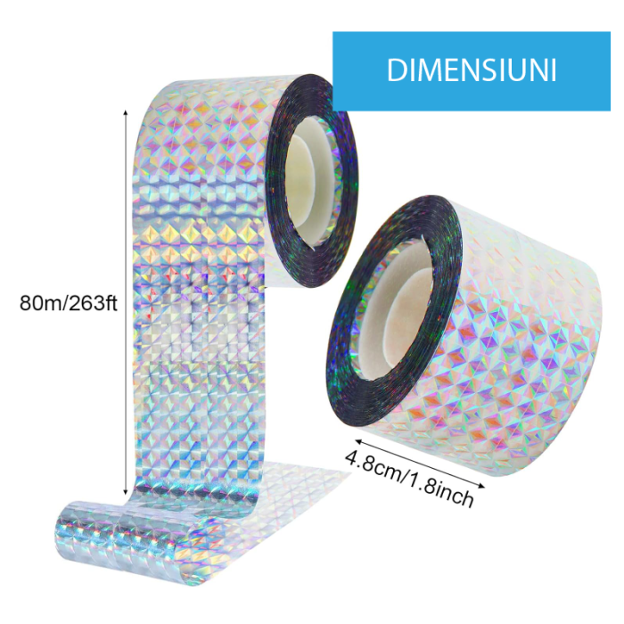 Banda Reflectorizanta Sperietoare de Pasari SUPER TRENDS®, 80 m x 4.8 cm, Protectie si Descurajare a Porumbeilor, pentru Balcoane, Gradini si Acoperisuri, Model Holografic [2]