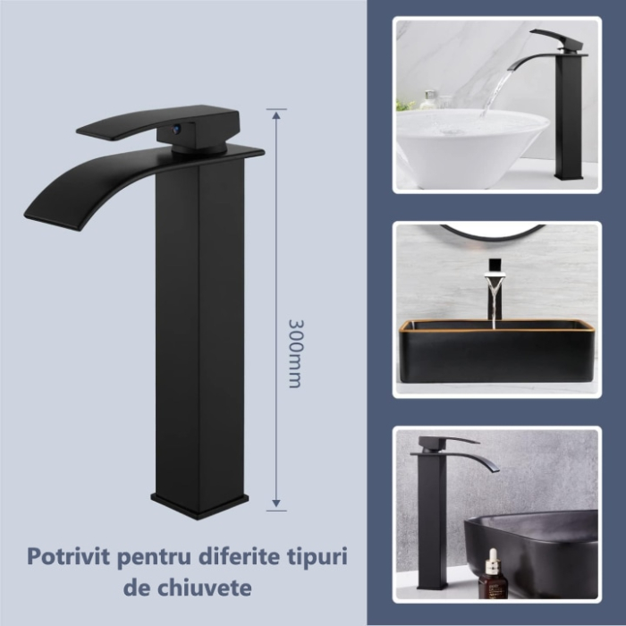 Baterie Chiuveta Baie monocomanda finisaj negru, baterie baie din otel inoxidabil, inalta 30 cm, design modern minimalist, baterie chiuveta baie rezistenta la coroziune, montaj usor, utilizare zilnica, baterie baie negru mat [9]