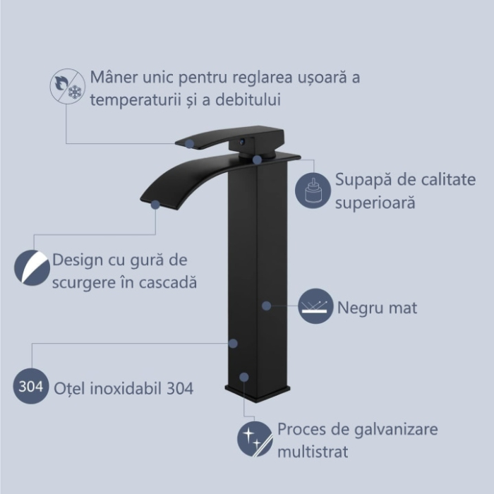 Baterie Chiuveta Baie monocomanda finisaj negru, baterie baie din otel inoxidabil, inalta 30 cm, design modern minimalist, baterie chiuveta baie rezistenta la coroziune, montaj usor, utilizare zilnica, baterie baie negru mat [8]