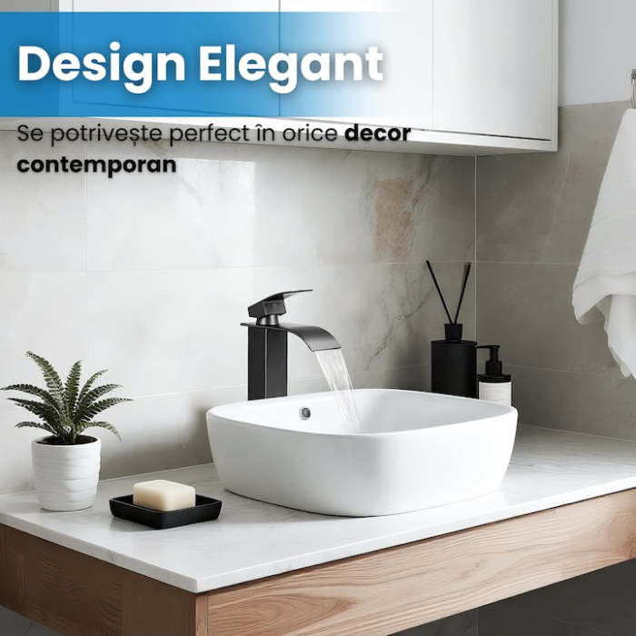 Baterie Chiuveta Baie monocomanda finisaj negru, baterie baie din otel inoxidabil, inalta 30 cm, design modern minimalist, baterie chiuveta baie rezistenta la coroziune, montaj usor, utilizare zilnica, baterie baie negru mat [4]