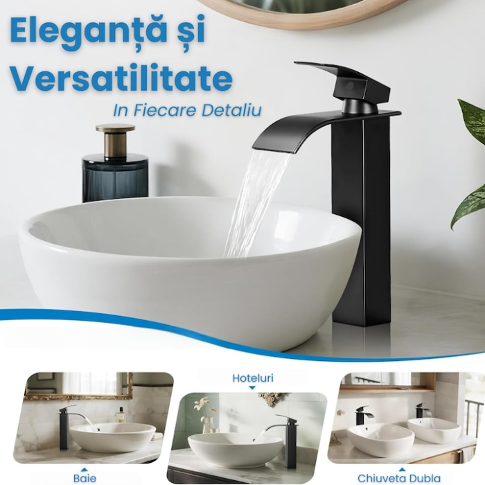 Baterie Chiuveta Baie monocomanda finisaj negru, baterie baie din otel inoxidabil, inalta 30 cm, design modern minimalist, baterie chiuveta baie rezistenta la coroziune, montaj usor, utilizare zilnica, baterie baie negru mat [3]