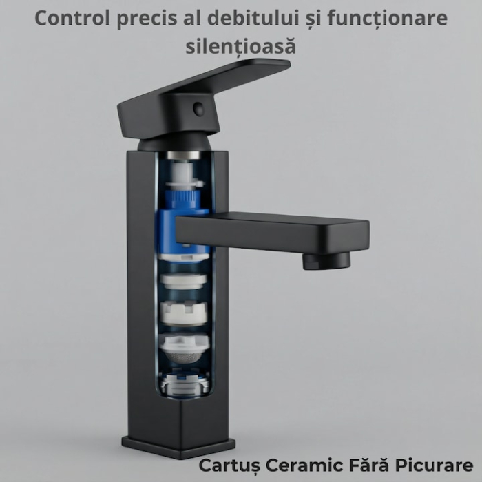 Baterie Chiuveta Baie Premium Class Din Otel Inoxidabil, Baterie Chiuveta Baie Cu Cartus Ceramic Si Finisaj Negru Mat, Racorduri Incluse, Design Monocomanda Pentru Lavoare Tip Bowl, Baterie Chiuveta Baie 17 Cm Inaltime, Burete Vileda Glitzi [2]
