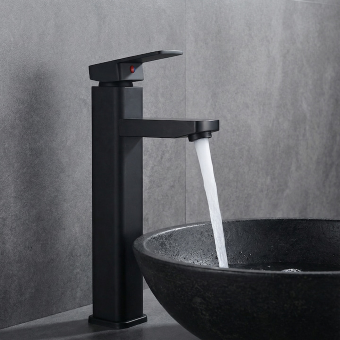 Baterie Chiuveta Baie Premium Class Din Otel Inoxidabil, Cadou Burete Vileda Glitzi, Baterie Chiuveta Baie Cu Cartus Ceramic Si Finisaj Negru Mat Rezistent, Racorduri Incluse, Design Monocomanda Pentru Lavoare Tip Bowl, Baterie 30 cm [10]