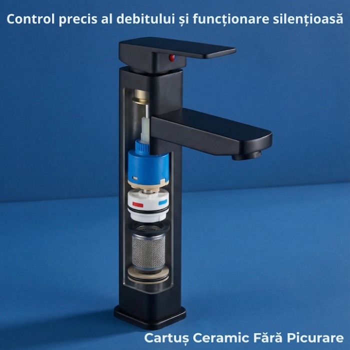 Baterie Chiuveta Baie Premium Class Din Otel Inoxidabil, Cadou Burete Vileda Glitzi, Baterie Chiuveta Baie Cu Cartus Ceramic Si Finisaj Negru Mat Rezistent, Racorduri Incluse, Design Monocomanda Pentru Lavoare Tip Bowl, Baterie 30 cm [2]