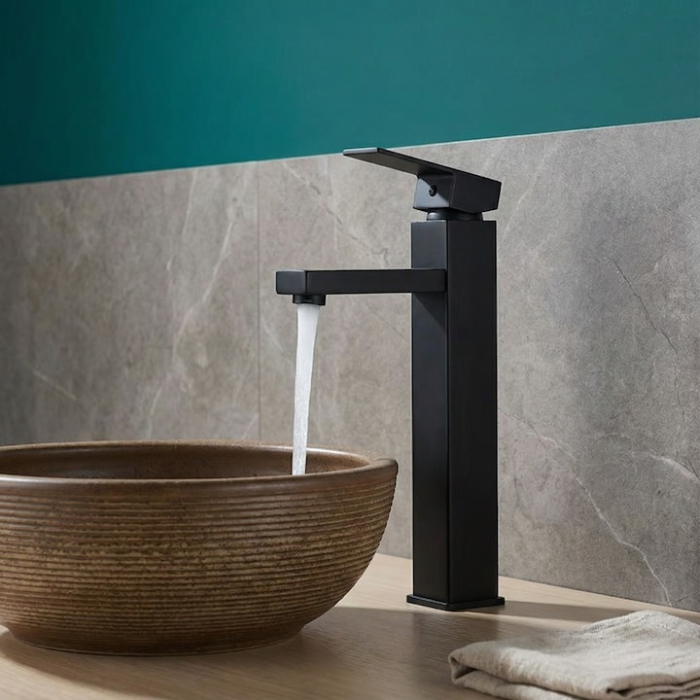 Baterie Chiuveta Baie Premium Class Din Otel Inoxidabil, Cadou Burete Vileda Glitzi, Baterie Chiuveta Baie Cu Cartus Ceramic Si Finisaj Negru Mat Rezistent, Racorduri Incluse, Design Monocomanda Pentru Lavoare Tip Bowl, Baterie 30 cm [9]