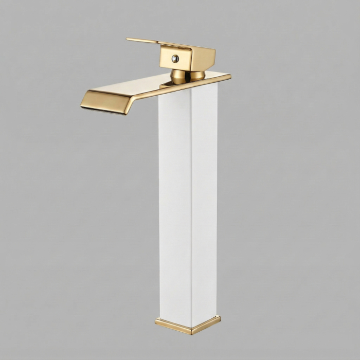 Baterie Chiuveta Baie Monocomanda, Baterie Baie Inalta Cu Design Minimalist Auriu-Alb, Baterie Chiuveta Baie Pentru Lavoar Modern, Montaj Pe Blat, Racorduri Incluse, Finisaj Elegant, Inaltime 30 Cm, Baterie Baie Rezistenta [13]