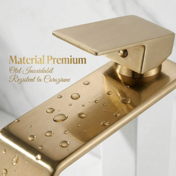 Baterie Chiuveta Baie Monocomanda, Baterie Baie Inalta Cu Design Minimalist Auriu-Alb, Baterie Chiuveta Baie Pentru Lavoar Modern, Montaj Pe Blat, Racorduri Incluse, Finisaj Elegant, Inaltime 30 Cm, Baterie Baie Rezistenta [3]