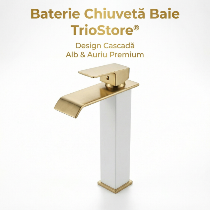 Baterie Chiuveta Baie Monocomanda, Baterie Baie Inalta Cu Design Minimalist Auriu-Alb, Baterie Chiuveta Baie Pentru Lavoar Modern, Montaj Pe Blat, Racorduri Incluse, Finisaj Elegant, Inaltime 30 Cm, Baterie Baie Rezistenta [7]