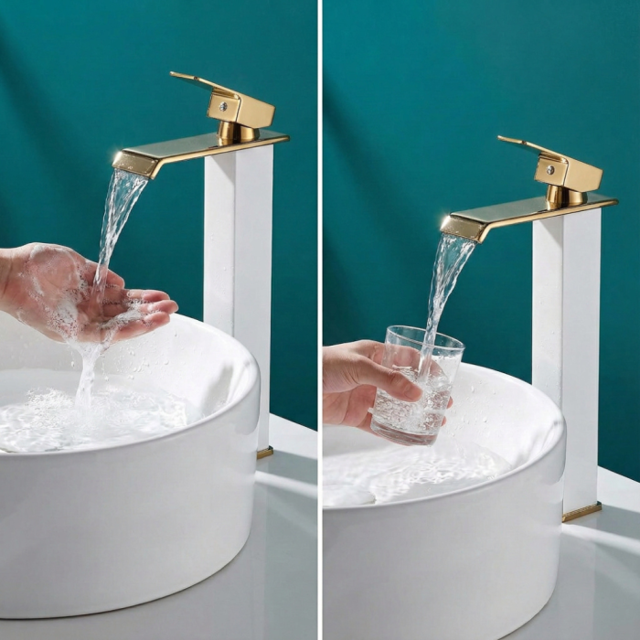 Baterie Chiuveta Baie Monocomanda, Baterie Baie Inalta Cu Design Minimalist Auriu-Alb, Baterie Chiuveta Baie Pentru Lavoar Modern, Montaj Pe Blat, Racorduri Incluse, Finisaj Elegant, Inaltime 30 Cm, Baterie Baie Rezistenta [8]