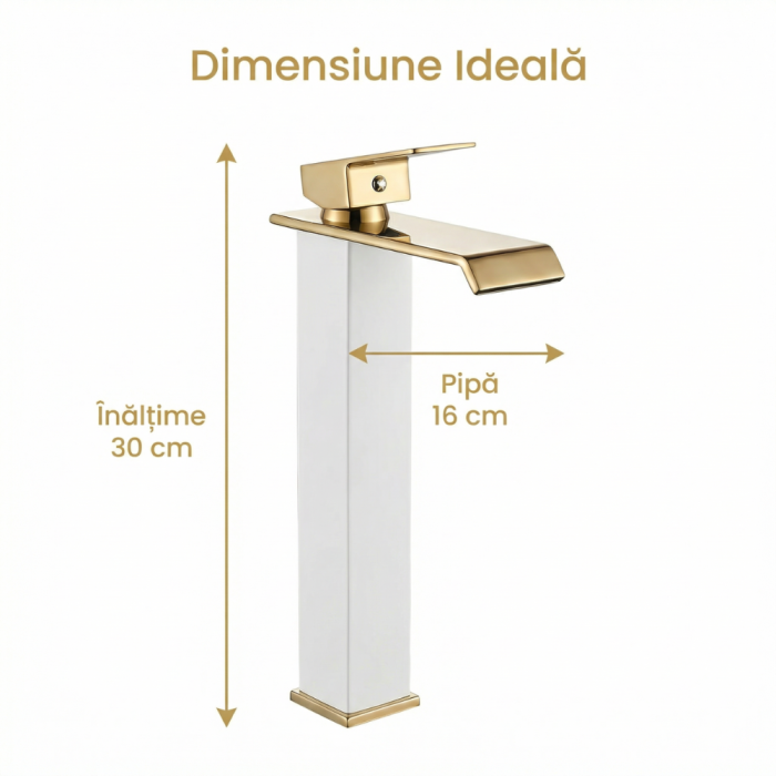 Baterie Chiuveta Baie Monocomanda, Baterie Baie Inalta Cu Design Minimalist Auriu-Alb, Baterie Chiuveta Baie Pentru Lavoar Modern, Montaj Pe Blat, Racorduri Incluse, Finisaj Elegant, Inaltime 30 Cm, Baterie Baie Rezistenta [5]