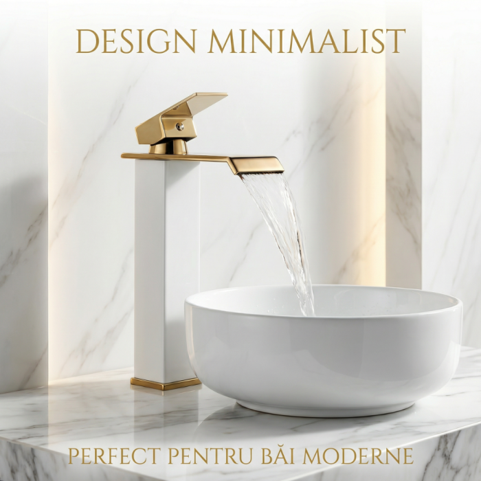 Baterie Chiuveta Baie Monocomanda, Baterie Baie Inalta Cu Design Minimalist Auriu-Alb, Baterie Chiuveta Baie Pentru Lavoar Modern, Montaj Pe Blat, Racorduri Incluse, Finisaj Elegant, Inaltime 30 Cm, Baterie Baie Rezistenta [4]