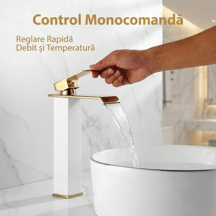 Baterie Chiuveta Baie Monocomanda, Baterie Baie Inalta Cu Design Minimalist Auriu-Alb, Baterie Chiuveta Baie Pentru Lavoar Modern, Montaj Pe Blat, Racorduri Incluse, Finisaj Elegant, Inaltime 30 Cm, Baterie Baie Rezistenta [2]