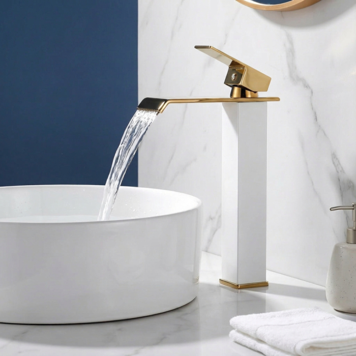 Baterie Chiuveta Baie Monocomanda, Baterie Baie Inalta Cu Design Minimalist Auriu-Alb, Baterie Chiuveta Baie Pentru Lavoar Modern, Montaj Pe Blat, Racorduri Incluse, Finisaj Elegant, Inaltime 30 Cm, Baterie Baie Rezistenta [11]