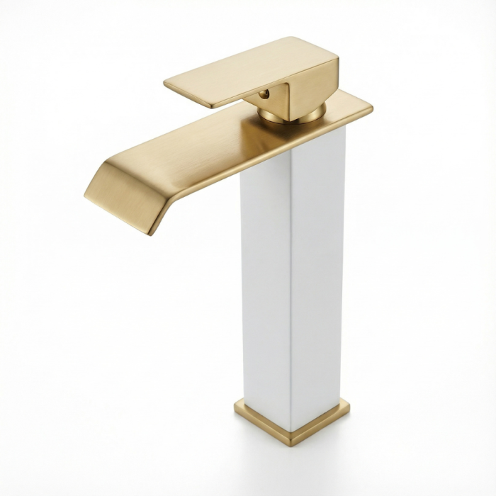 Baterie Chiuveta Baie Monocomanda, Baterie Baie Inalta Cu Design Minimalist Auriu-Alb, Baterie Chiuveta Baie Pentru Lavoar Modern, Montaj Pe Blat, Racorduri Incluse, Finisaj Elegant, Inaltime 30 Cm, Baterie Baie Rezistenta [9]