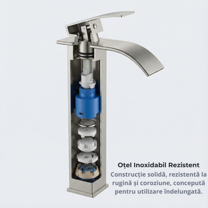 Baterie Chiuveta Baie SUPER TRENDS monocomanda tip cascada, otel inoxidabil, argintie, 30cm, racorduri incluse, burete Vileda Glitzi cadou [2]