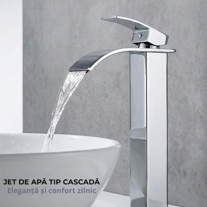 Baterie Chiuveta Baie SUPER TRENDS monocomanda tip cascada, otel inoxidabil, argintie, 30cm, racorduri incluse, burete Vileda Glitzi cadou [3]