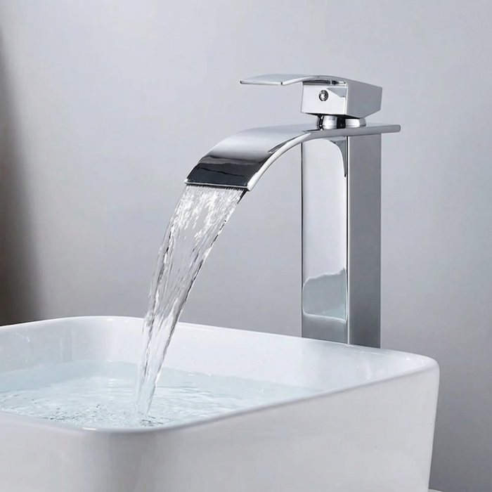 Baterie Chiuveta Baie SUPER TRENDS monocomanda tip cascada, otel inoxidabil, argintie, 30cm, racorduri incluse, burete Vileda Glitzi cadou [9]